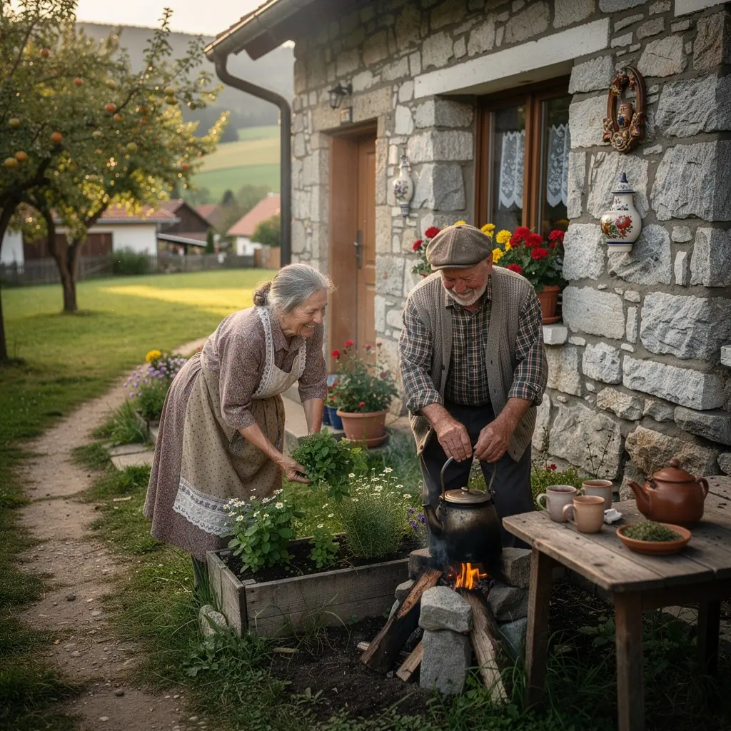 Pohľad na čajovú záhradu s rozkvetenými rastlinami a bylinkami