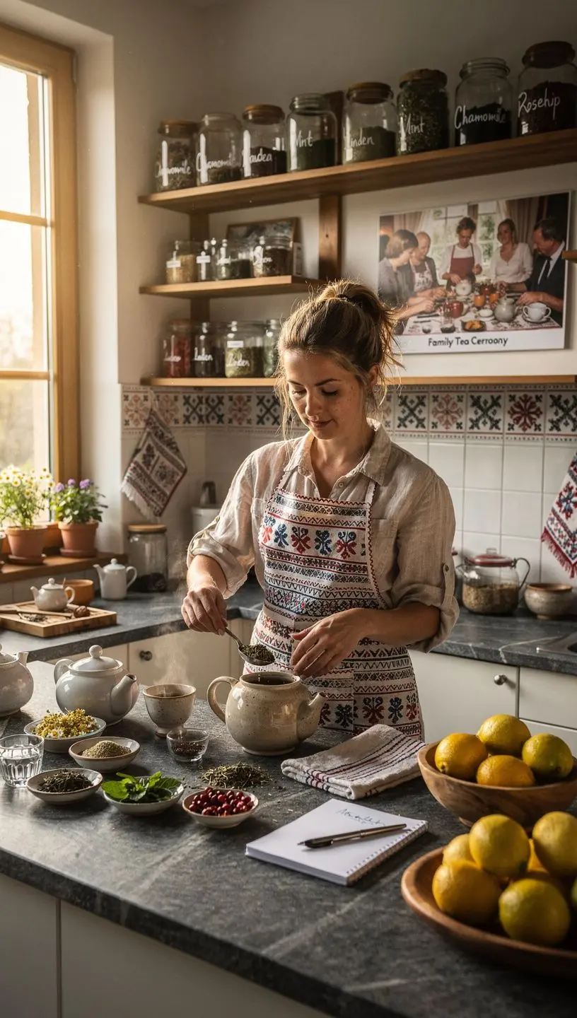 Súprava na prípravu čaju s tradičným slovenským dizajnom.