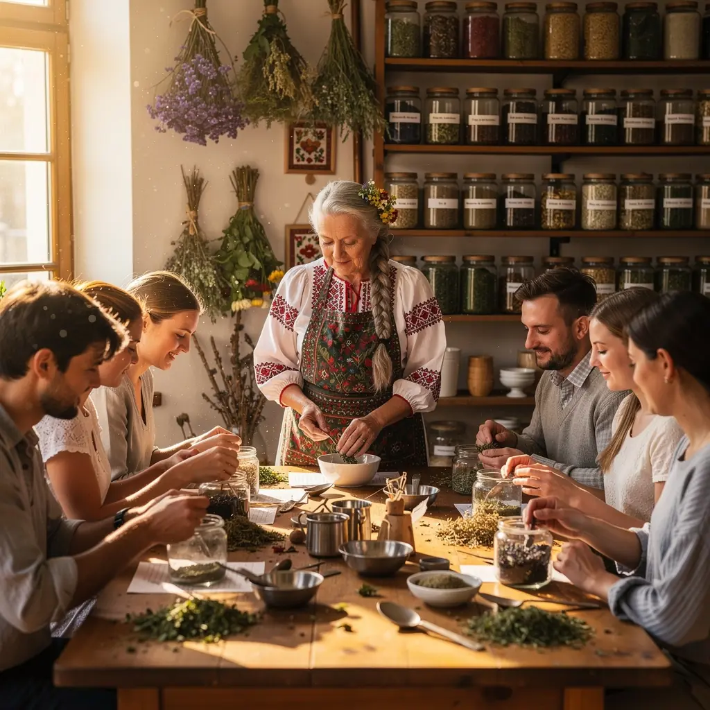 Čajové lístky rozložené na prírodnej podložke s bylinkami.